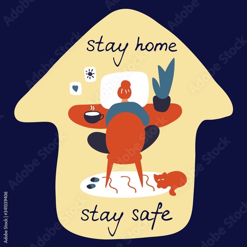 Young female character is working from home. Girl sitting at the computer. Stay home stay safe hand drawn inscription. Work at home, online education, courses. Flat hand drawn vector graphic