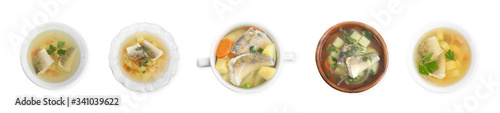 Set of delicious fish soup in bowls on white background, top view. Banner design