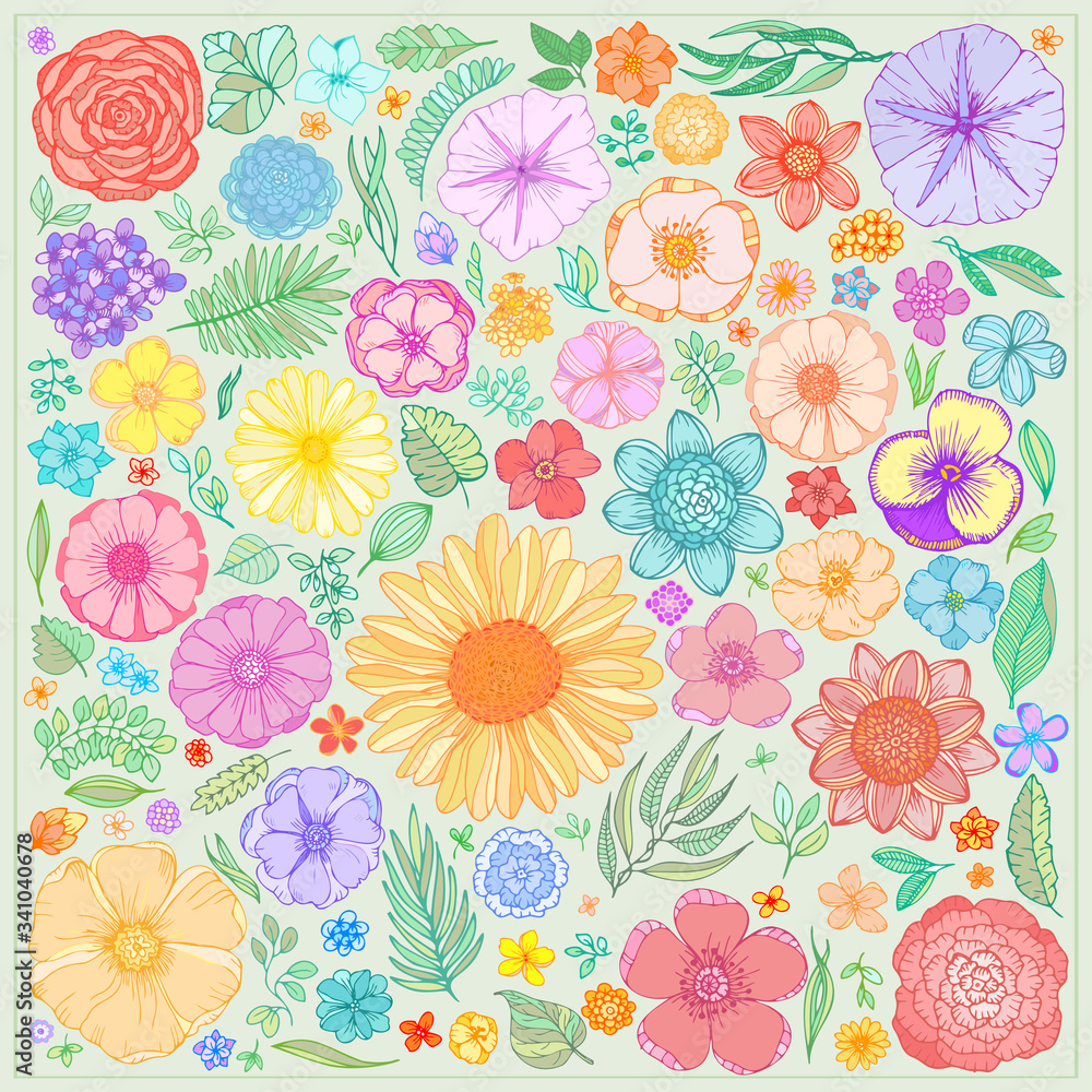 Colorful summer flowers and leavers card. Hand draw doodle graphics. 