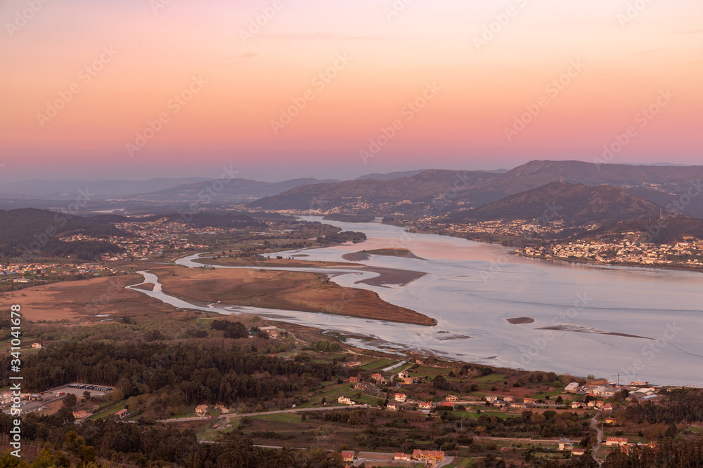 Aerial view at sunset of the La Guardia area, in Galicia, Spain.