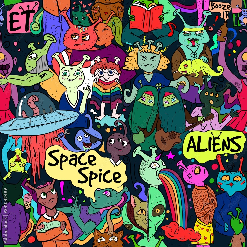 Alien diversity - conceptual colorful street art. Rainbow cartoon characters - monsters and germs. Seamless pattern