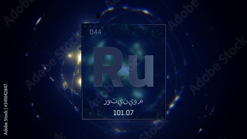 Ruthenium as Element 44 of the Periodic Table. Seamlessly looping 3D animation on blue illuminated atom design background orbiting electrons name, atomic weight element number in Arabic language photo