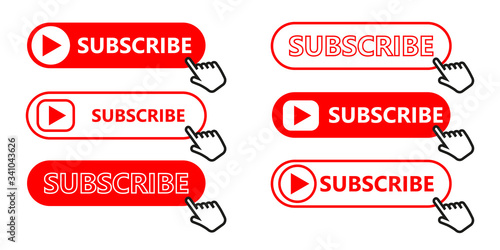 Social media subscription button. Subscribe to the video channel, blog and newsletter. Red button with hand cursor for subscription. Flat style. Vector