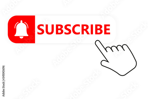 Social media subscription button. Subscribe to the video channel, blog and newsletter. Red button with hand cursor for subscription. Flat style. Vector