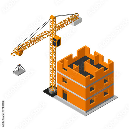 Isometric construction site with industrial crane flat vector icon isolated on white background.