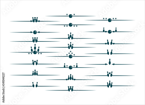Graphic decorative line and text divider set with 
 bowling elements