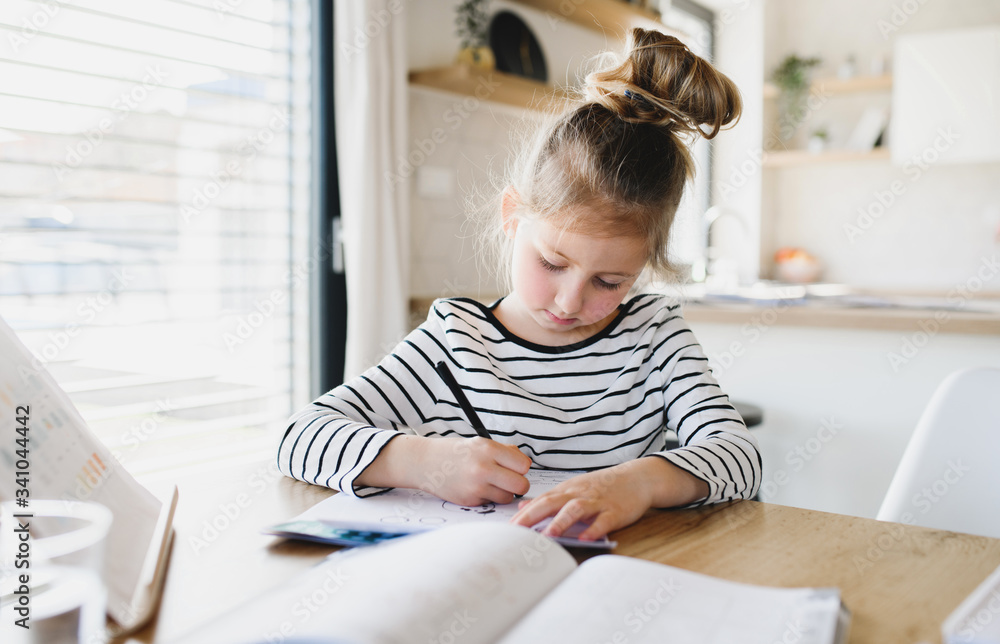 Small girl learning indoors at home, Corona virus and quarantine concept. Small girl learning indoors at home, Corona virus and quarantine concept.