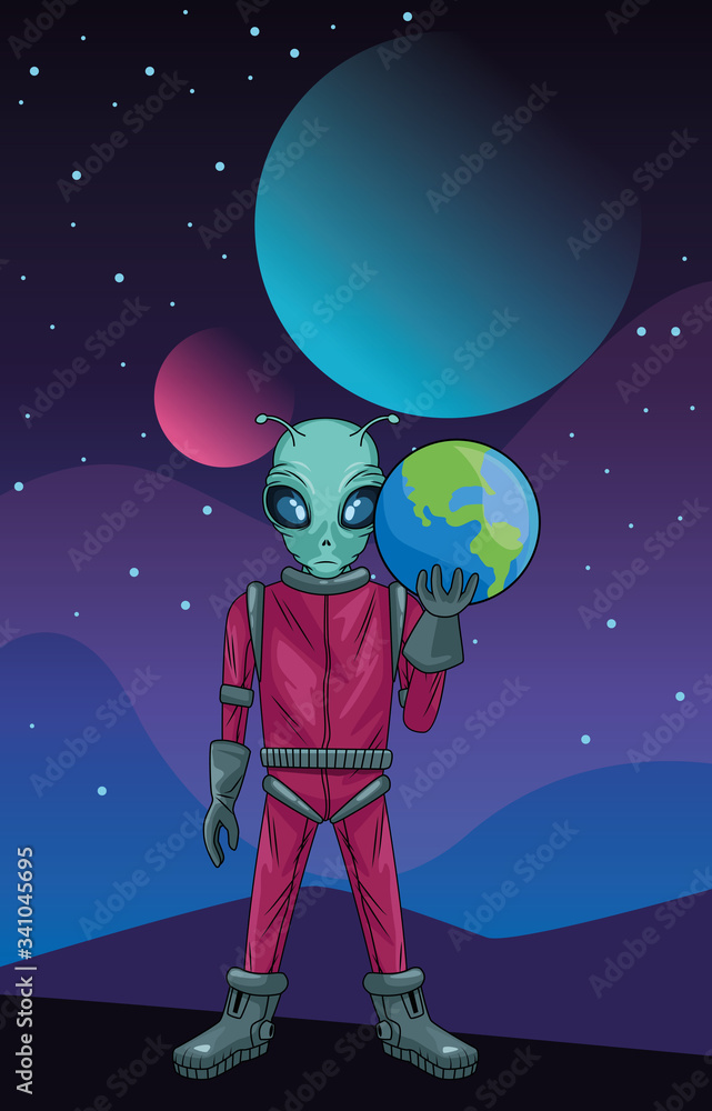 Naklejka premium alien lifting earth planet in the space character