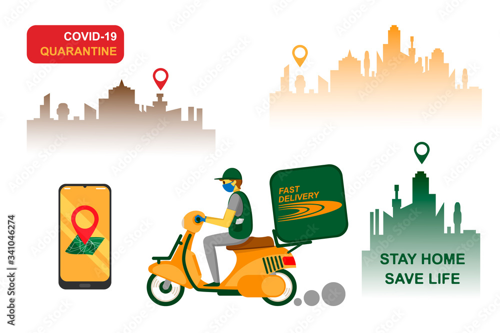 Fototapeta premium Online delivery service, order tracking, home and office delivery. A courier in a respiratory mask and gloves delivers the goods on a scooter. Vector illustration of a coronavirus pandemic. Quarantine