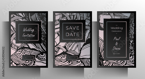 Design wedding invitation card set. A strict concept in gray tones with a hand-drawn texture pattern. Vector 10 EPS.