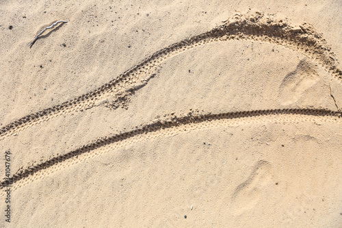 bike or bicycle tracks in the sand close up