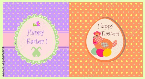 Funny childish Easter greeting cards with polka dot background, egg shape with hen, painted eggs and funny bunny