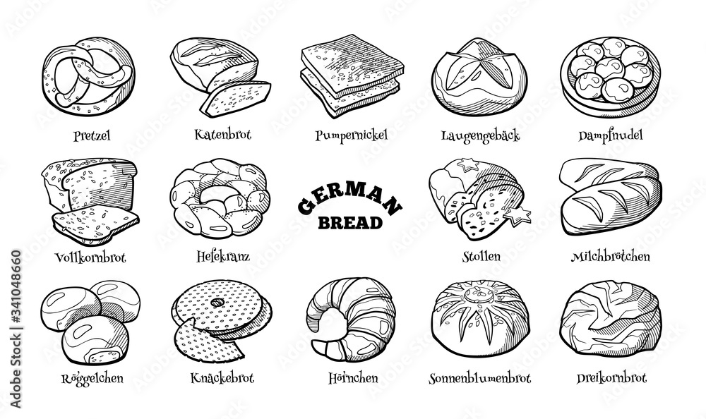 Collection of traditional German types of bread. Hand drawn sketch in doodle style.