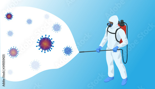 Isometric man in a white suit disinfects the street with a spray gun. Virus pandemic COVID-19. Prevention against Coronavirus disease COVID-19.