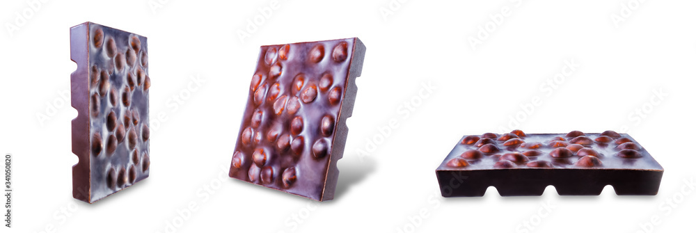 Dark chocolate with hazelnuts on a white isolated background Dark chocolate with hazelnuts on a white isolated background