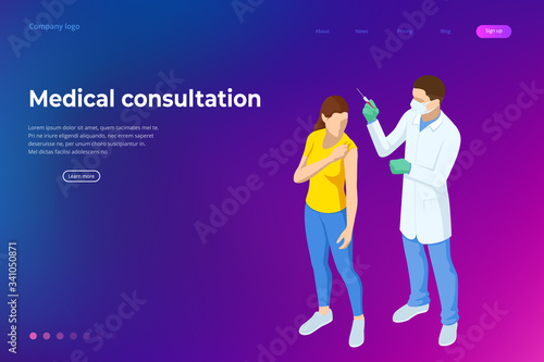 Isometric Time to vaccinate concept. Doctor or nurse, scientist giving patient vaccine, COVID-19, flu or influenza shot or taking blood test with a needle. Medicine, vaccination.