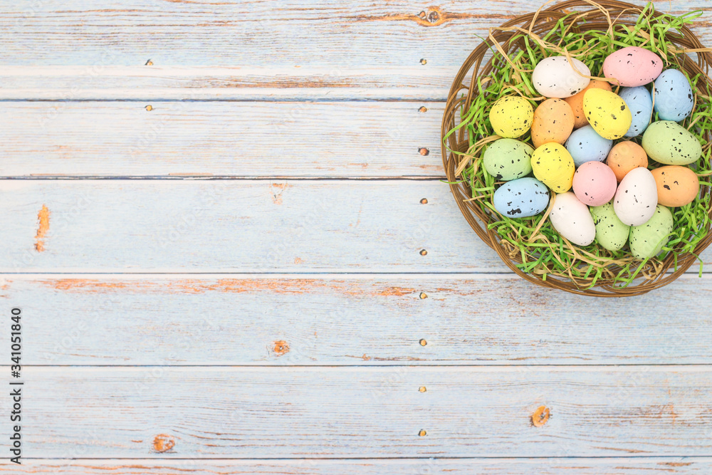 Happy Easter. Beautiful Easter decoration with pastel colored eggs