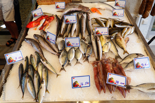 Fresh fish on the stall of a mykonian market photo