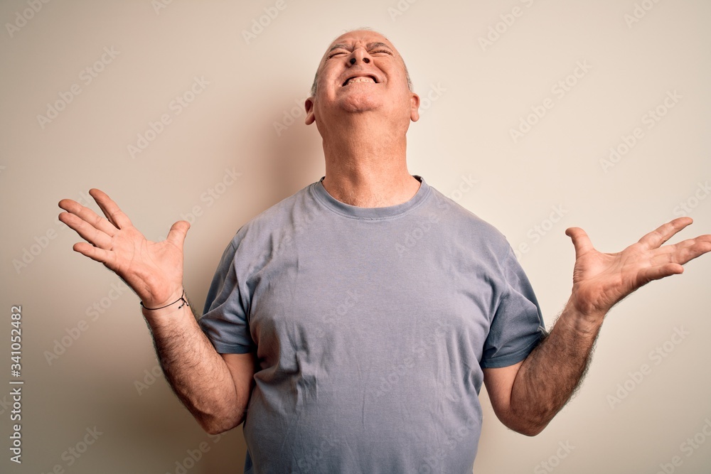 Middle age handsome hoary man wearing t-shirt standing over isolated white background celebrating mad and crazy for success with arms raised and closed eyes screaming excited. Winner concept Middle age handsome hoary man wearing t-shirt standing over isolated white background celebrating mad and crazy for success with arms raised and closed eyes screaming excited. Winner concept