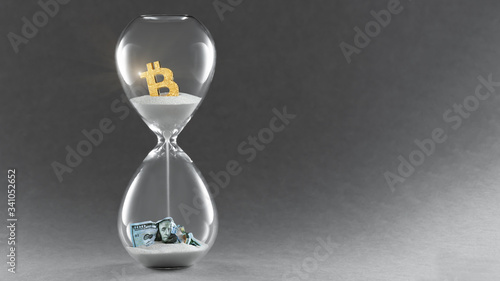 Hourglass on dark background. Concept passing traditional currency time, and time cryptocurrency Bitcoin and blockchain technology. Copy space.