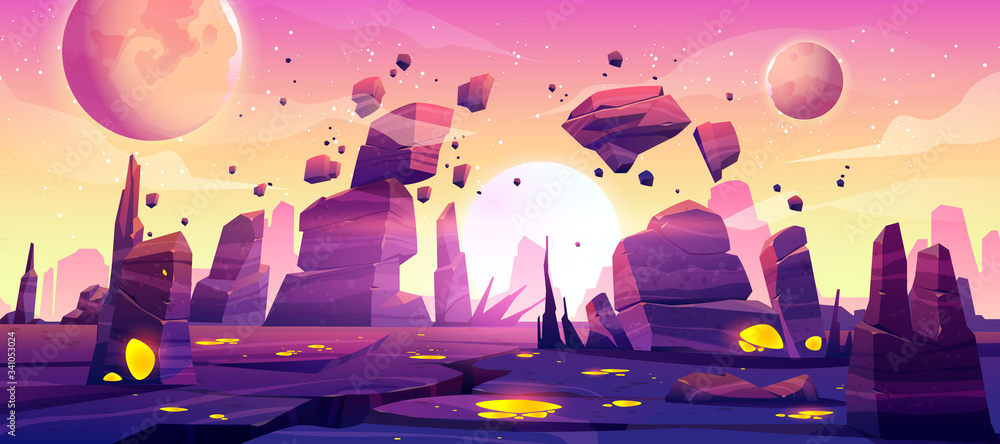 Alien planet landscape for space game background. Vector cartoon fantasy  illustration of cosmos and planet surface with rocks, cracks, glowing spots  and mist for gui game design Stock Vector | Adobe Stock