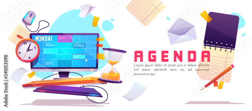 Agenda banner. Schedule planner, appointment events and daily work. Vector cartoon illustration with organizer on computer screen, clock, hourglass and paper notes. Concept of control business tasks