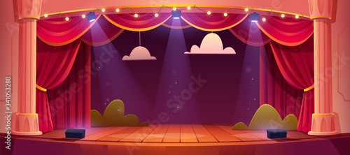 Theater stage with red curtains and spotlights. Vector cartoon illustration of theatre interior with empty wooden scene, luxury velvet drapes and decoration with clouds and bushes
