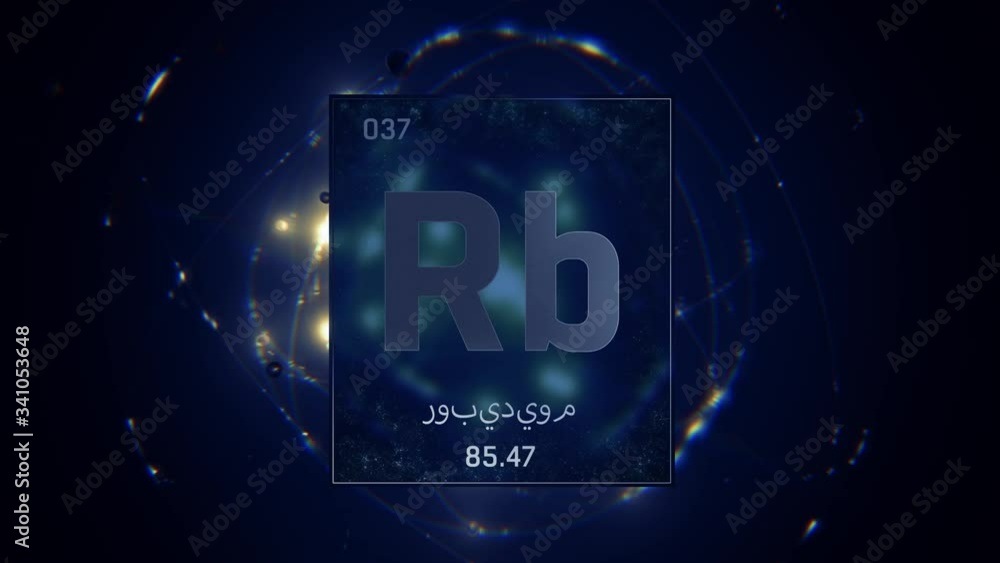 Rubidium as Element 37 of the Periodic Table. Seamlessly looping 3D animation on blue illuminated atom design background orbiting electrons name, atomic weight element number in Arabic language