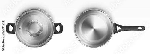 Steel pot and cooking pan top view. Empty open metal saucepan with plastic handles. Stainless casserole dish isolated on white background. Kitchen utensil, iron cookware realistic 3d vector mockup