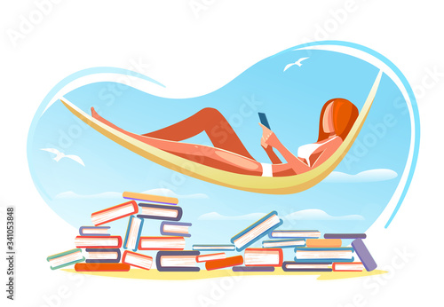 Read book Summer beach concept. Holiday, vacation education, studying vector illustration. Girl reads lying in a hammock over piles of books. Modern card for web design isolated on white background