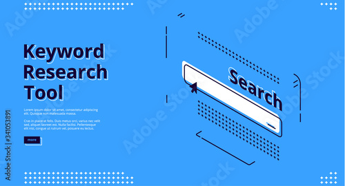 Keyword research tool banner with isometric website interface with search line on blue background. Vector landing page of service for keywording and SEO optimization