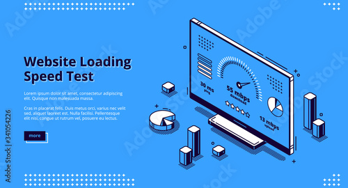 Website loading speed test banner. Fast download of web page. Vector landing page of internet loading optimization with isometric icon of speedometer on computer screen on blue background