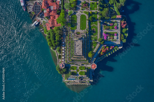 Isola Bella is located on Lake Maggiore in Italy. Photo flat lay. Magnificent garden Borromee.