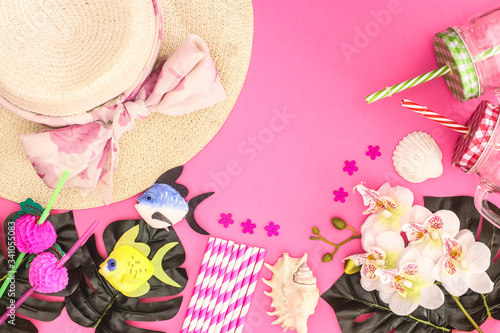 Summer vacation concept. Beach summer accessories and decoration on the table 