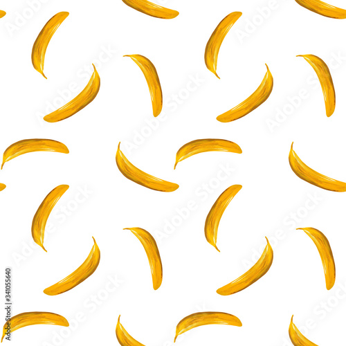 Banana seamless pattern. Single yellow bananas on a white background. Hand drawing gouache. Design for fabric, textile, catering, postcards, packaging