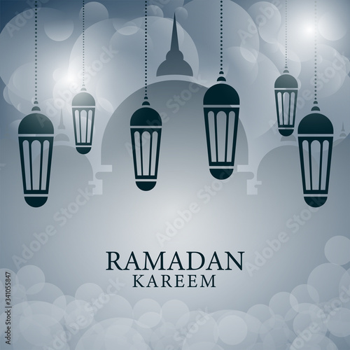 beautiful ramadan kareem design with lantern lamp decorations, faint mosque shadows, and soft bokeh backgrounds. perfect for greeting card designs, Islamic backgrounds, celebration or promotional.