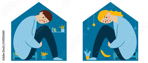  Sad girl and boy sitting locked at home, self-isolation, quarantine, concept. Relationship problems and adolescent psychology. A person feels cramped and claustrophobic while locked up. 