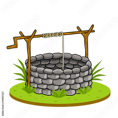 Round stone well for water extraction. Wooden elements of mechanism with rope and lever. Element of the countryside. Old village building. Cartoon drawn illustration