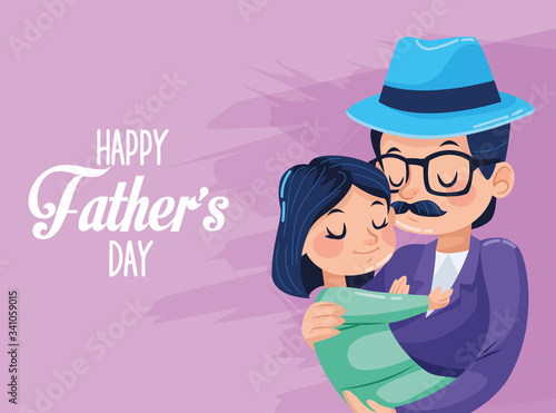 happy fathers day card with hipster dad carring daughter