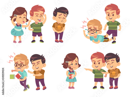 Kids bullying. Verbal and physical social conflict between children, battle abuse, quarrel and mocking classmate cartoon vector characters