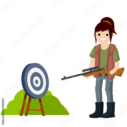 Woman hunter with gun. Equipment for hunting animals. Girl with rifle. Shooter and weapon. Target for arrows. Competition and victory. Shooting and championship.