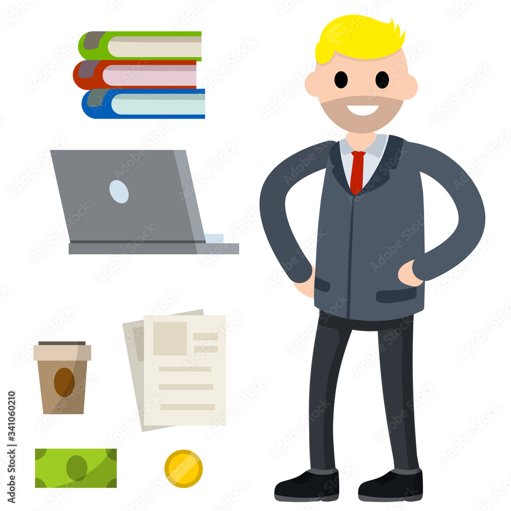 Male employee in shirt and tie. Office man and set of objects. Cute character. Joyful guy. Cartoon flat illustration. Books, laptop, coffee, document file, cash and coin money Male employee in shirt and tie. Office man and set of objects. Cute character. Joyful guy. Cartoon flat illustration. Books, laptop, coffee, document file, cash and coin money