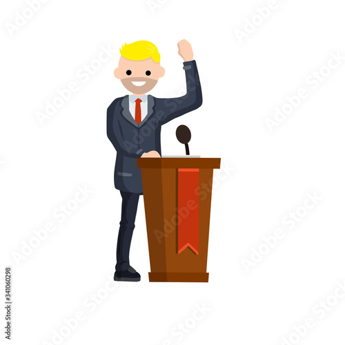 Man in the suit stay behind podium. Presidential election. Political debate. Lecturer in class. The speaker is talking. Dialogue businessman. Cartoon flat illustration