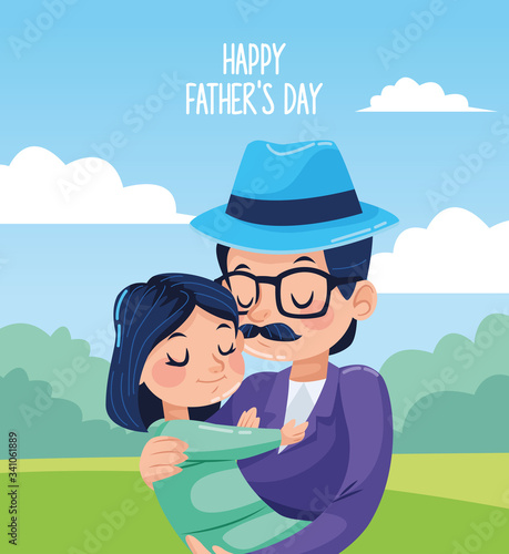 happy fathers day card with hipster dad carring daughter in landscape