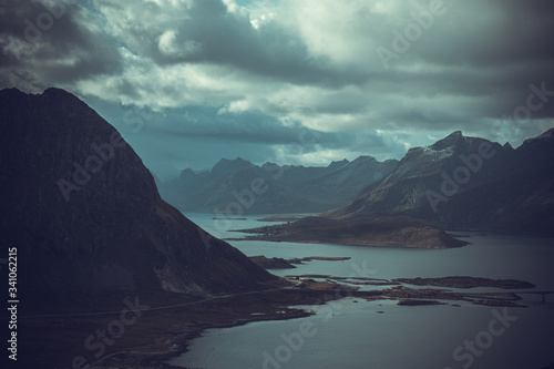 Lofoten Islands, cloudy landscape with mountain and sea views