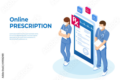 Isometric Online medical advise or consultation service, tele medicine, cardiology. Online treatment recipe. Medicine and pharmacy banners. Pharmacist care for the patient. Medicine industry.