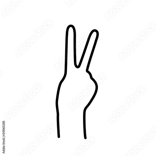 PEACE SIGN. VICTORY sign. Hand gesture The V symbol of peace. Korean finger symbol for victory. Vector illustration on white background. Hand drawn design for print greeting cards, banner, poster