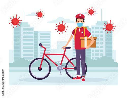 courier in bicycle delivery service with covid19 particles