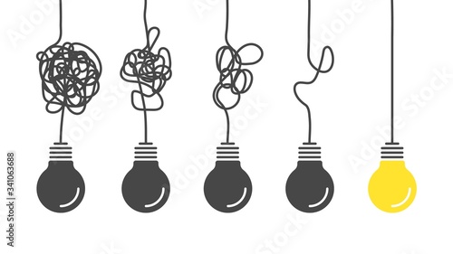 From complex to simple. Simplification streamlining process, complex confusion, clarity idea solution with light bulbs vector concept photo
