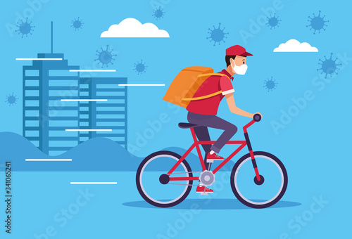 courier in bicycle delivery service with covid19 particles